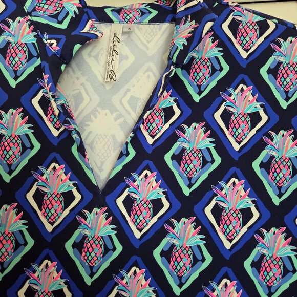 LuLu B Colorful Pineapple UPF 50+ Short Sleeve Shift Dress. - Picture 3 of 3